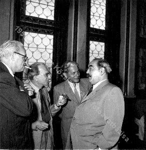 István Rusznyák, György Lukács, Imre Komor and Imre Nagy in the lobby of the Parliament during the session in 1954